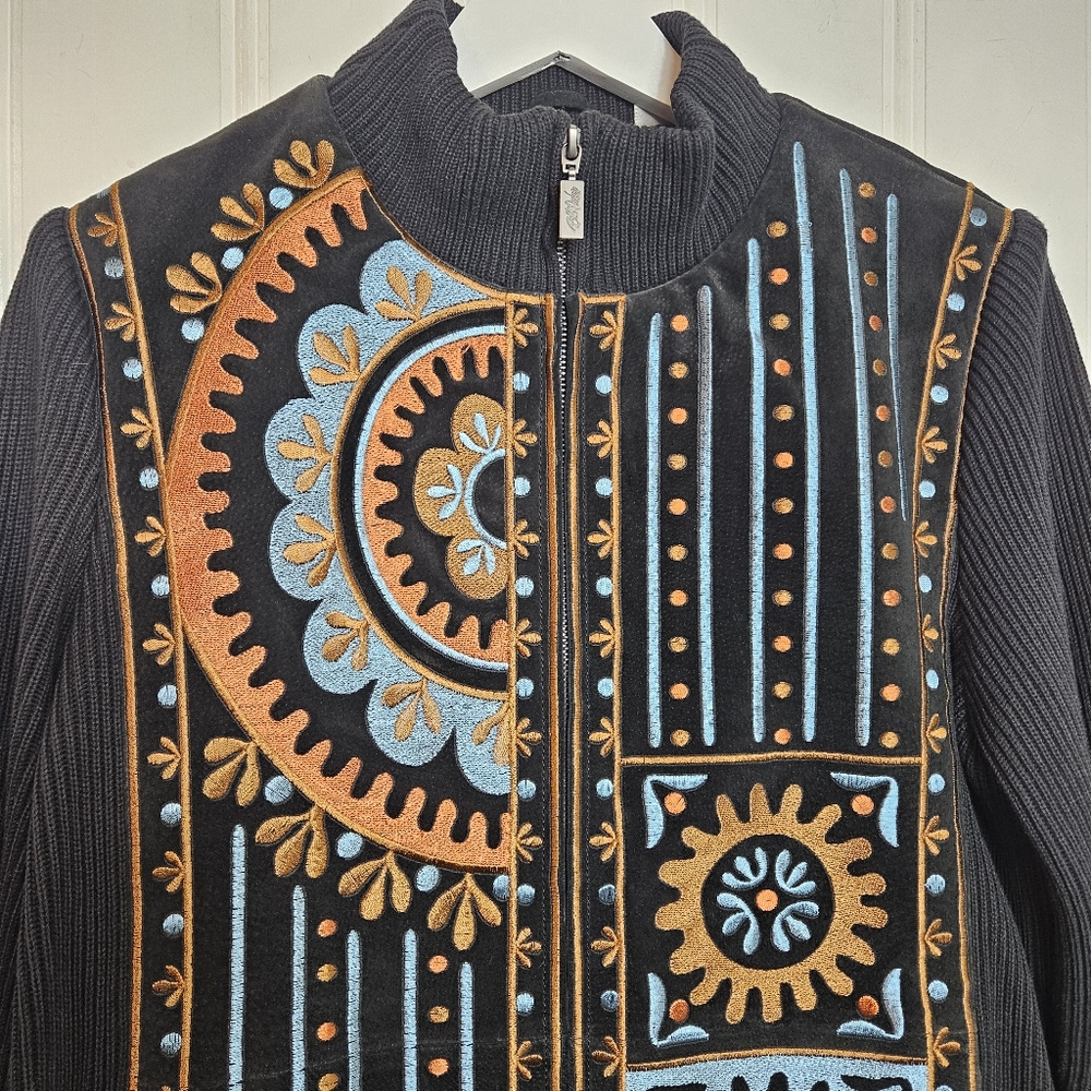 Bob Mackie Wearable Art Embroidered Black Suede Leather Full-Zip Jacket Womens M - Picture 4 of 16